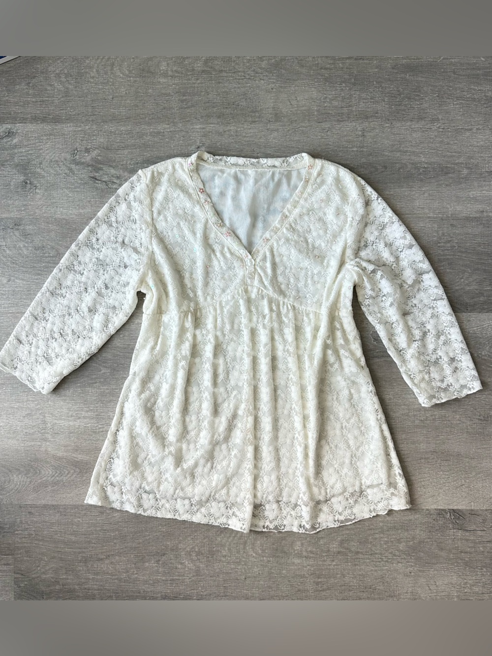 White Ivory Lace V-Neck Babydoll Tunic Top with sequins coquette 3/4 sleeves